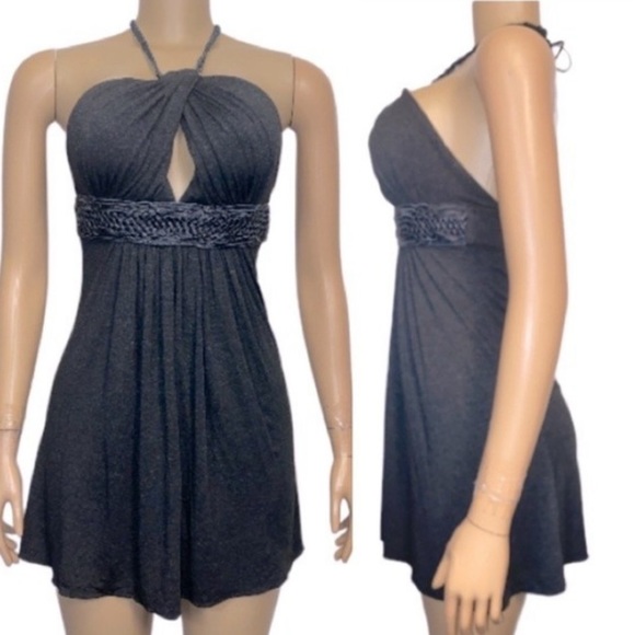 Y2K Sky Halter Mini Dress Gray Fit & Flare with Leather woven waist size S - Picture 1 of 16